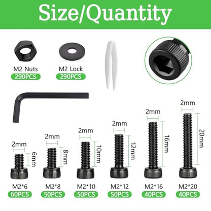870Pcs M2x6/8/10/12/16/20mm Metric Screw Assortment Kit Assorted Bolts Nuts and Washers Kit Fully Threaded Assortment Kits Hex Socket Head Cap Screws Bolts Nuts Washers Set for Electronics,Machinery - size: M2x6/8/10/12/16/20-870Pcs