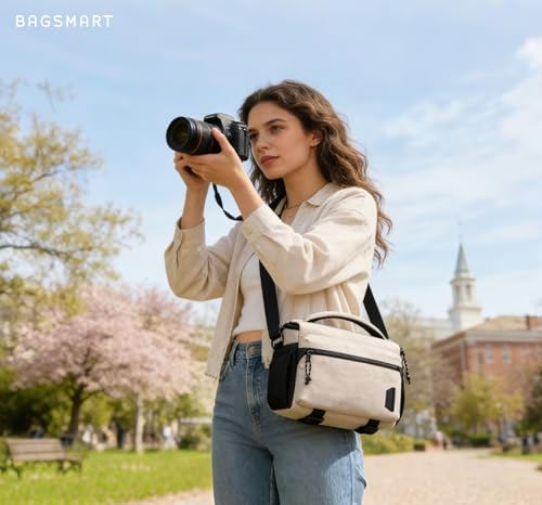 BAGSMART Camera Sling Bag with Tripod Holder & Rain Cover, Ivory White - color: 03-Ivory White