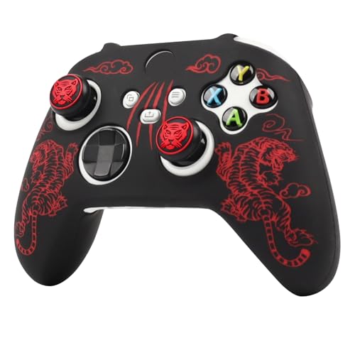 Tiger Controller Skin Compatible with Xbox Series X Wireless Controller, RALAN Protector Case， Customised Thumb Grips Cap - color: Tiger Black Red