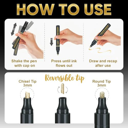 3PK Liquid Gold Chrome Paint Markers, Metallic Mirror Gold Pens