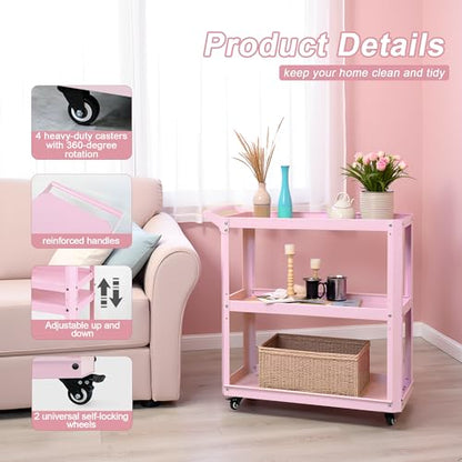 3 Tier Metal Utility Rolling Cart with Wheels, Pink - color: Pink