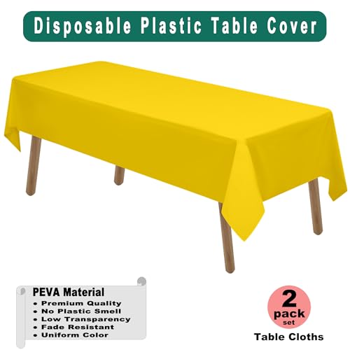 Yellow Plastic Tablecloths 2 Pack Solid Disposable Tablecovers PEVA Table Cloths for Picnic Birthday Wedding Banquet Parties 54 x 108 Inch Rectangle 8 ft Table Use - color: D03 Yellow