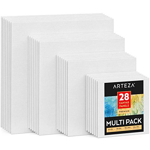 ARTEZA Canvases for Painting, Multipack of 28, 6 x 6, 8 x 8, 10 x 10, 12 x 12 Inches, Square Canvas Panels, 100% Cotton, 12.3 oz Gesso-Primed, Art Supplies for Acrylic Pouring and Oil Painting - size: Multi-pack (Square Premium)