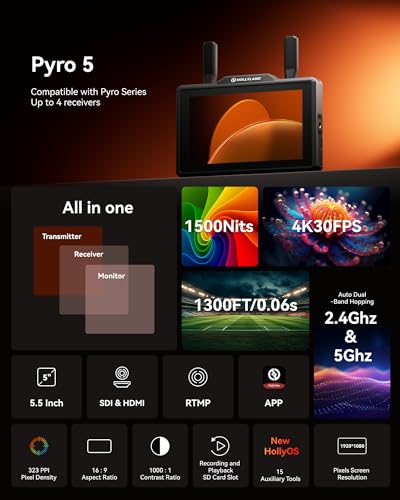 Hollyland Pyro 5 Wireless Video Transmitter & Receiver & 5.5 inch Camera Field Monitor HDMI & SDI 1300ft Range, 60ms Latency Auto Dual-Band Hopping with Waveform, LUTs, Recording, Vector Scope - size: 5.5 inch - Pyro 5 Solo Version