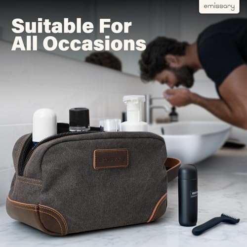 emissary Men's Canvas Travel Toiletry Bag, Leather Dopp Kit - Gray - color: Gray