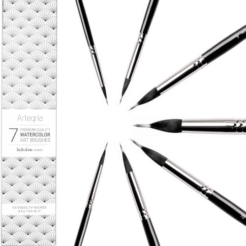 ARTEGRIA Watercolor Brush Set, 7 Extended Tip Needle Point Round Brushes