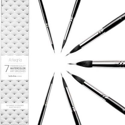 ARTEGRIA Watercolor Brush Set, 7 Extended Tip Needle Point Round Brushes