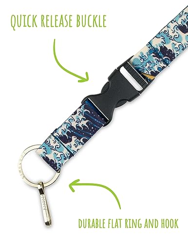Limeloot Lanyard for Keys, ID Badge, Accessories | Neck Lanyard for Men and Women with Quick Release Buckle and Flat Ring - color: Hokusai Wave
