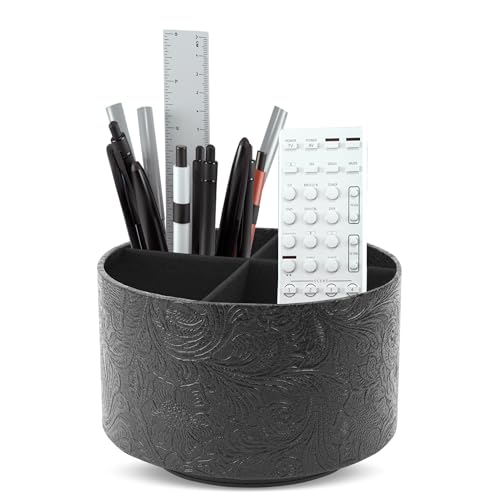 lizimandu Round Leather Art Supply Organizer,Remote Control Holder,360 Degree Spinning,Multi-Functional Pencil Holder,4 Compartments Desktop Stationary Organizer(1-Black2) - color: 1-Black2