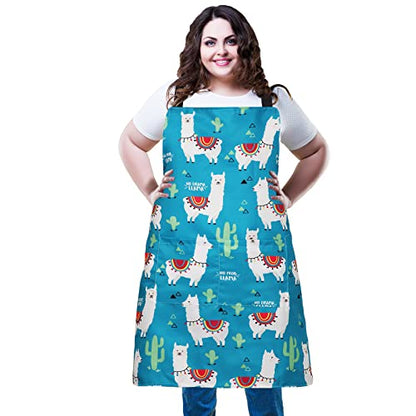 Plus Size Adjustable Bib Apron Water Resistant Canvas Extra Wide Long Ties Aprons with 2 Pockets Kitchen Cooking Gardening - color: Llama