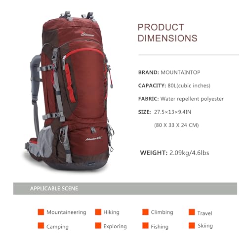 MOUNTAINTOP 80L Internal Frame Backpack, Large Capacity Backpacking Pack - color: Maroon-80l