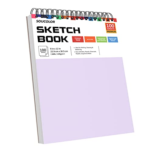 Soucolor 9x12 Sketch Book 2-Pack, 100 Sheets, Acid-Free, Spiral Bound - color: Pink&Purple, size: 9" x 12" (Pack of 2)