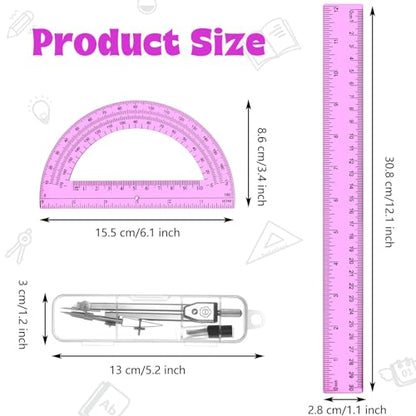 Zonon 3 Pcs 12" Clear Plastic Ruler 6 Inch Protractor Compass Set, Pink - color: Pink, size: 12 Inch