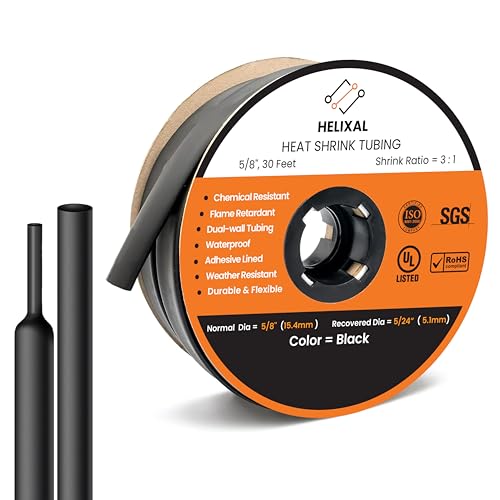 5/8" 16mm HELIXAL 3:1 Heat Shrink Tubing Adhesive Dual Wall 30ft Roll - color: 3:1 - Black - Large, size: 5/8" - 30 Feet