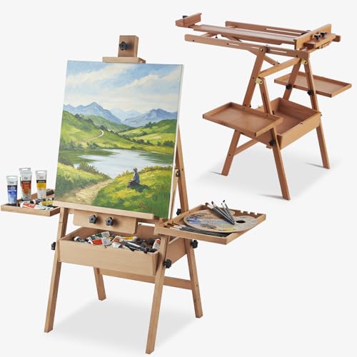 Beech Wood H-Frame Easel for Painting with Tray & Drawer, Natural - color: Natural