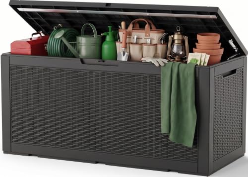 Outdoor Storage Box, 180 Gal Waterproof Resin Deck Box w/Support Rod - color: Black, size: 180 Gallon