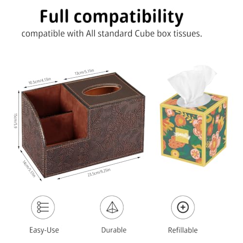 PU Leather Square Tissue Box Cover - Multi-Functional Tissue Box Holder - color: Retro