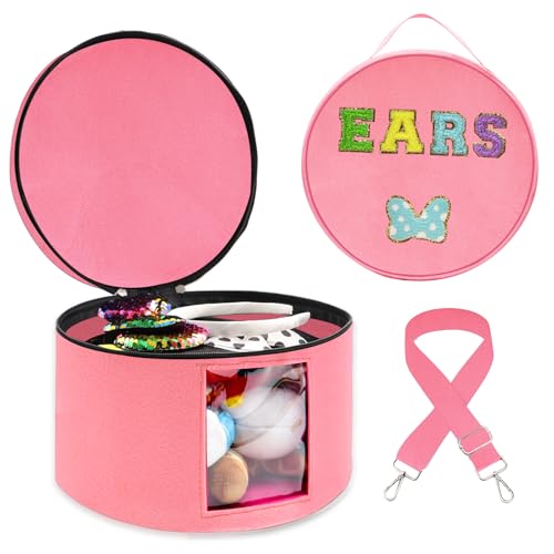 Chenille Letter Bow Mouse Ears Travel Case, Large Round Tote Storage Box - color: Pink
