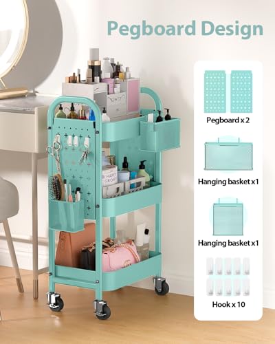 ALVOROG 3 Tier Metal Rolling Utility Cart with Pegboards,Baskets,Hooks,Blue - color: Tiffany Blue