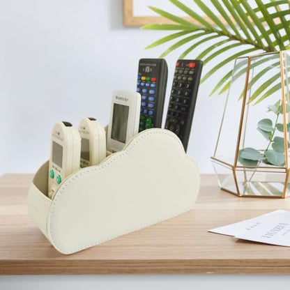 Remote Control Holder - 5 Spacious Compartments TV remote holder Caddy Leather Control Storage Tabletop Desk Organizer for Remote Controller,Office Stationery,Makeup Brush - color: Light Beige