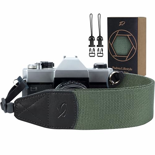 Padwa Lifestyle Dark Green Camera Strap - 2" Wide Cotton Woven Genuine Leather Head Camera Straps,Complimentary 2 Pcs Quick Release Clips for All DSLR/SLR Cameras, Binoculars and Drone Remote Control - color: Z# - Dark Green