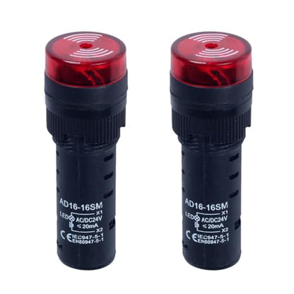 2pcs 16mm AC/DC 24V Red LED Buzzer Flash Alarm Signal Indicator Light Beep Signal Intermittent Sound - size: 16mm / 24V