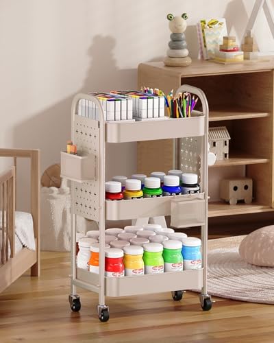 ALVOROG 3 Tier Metal Rolling Utility Cart with Pegboards,Baskets,Hook,Khaki - color: Khaki