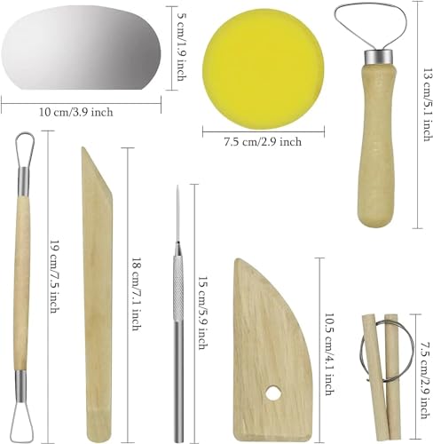 Evwoge 8-Piece Pottery Tool Set, Wooden Clay Sculpting Tools with Sponge, Wire Cutter and Modeling Tools for Ceramics
