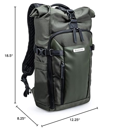 VANGUARD VEO Select 43RB Camera Backpack - Green, Roll-Top Design, Multi-Access, 10.5" Tablet Storage, Tripod Carry - color: Green, size: 43