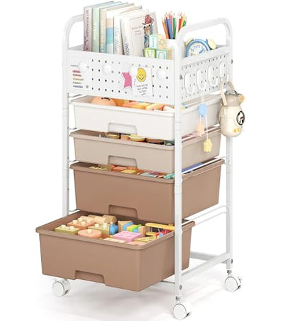4 Drawer Rolling Storage Cart with Pegboard Top and Hooks, Brown - color: Brown, size: 4-Drawers
