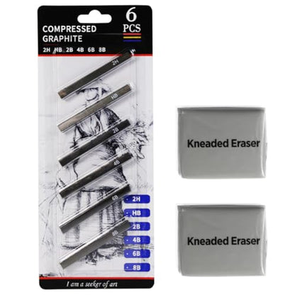 Graphite Sticks Square 6 Pieces, Kneaded Rubber Erasers Large Size 2 Pack, Black Compressed Graphite Charcoal Prencils Set for Drawing, Sketching, Shading, Blending, Beginners and Artists