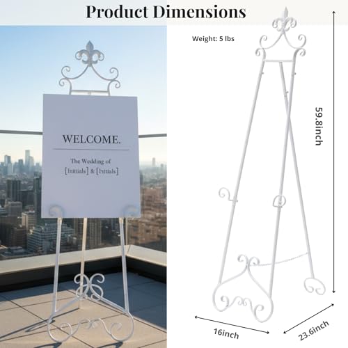 60” H White Easel Stand for Sign Metal Adjustable - color: Scrollwork Floral Top-WHITE