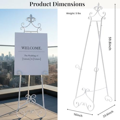 60” H White Easel Stand for Sign Metal Adjustable - color: Scrollwork Floral Top-WHITE