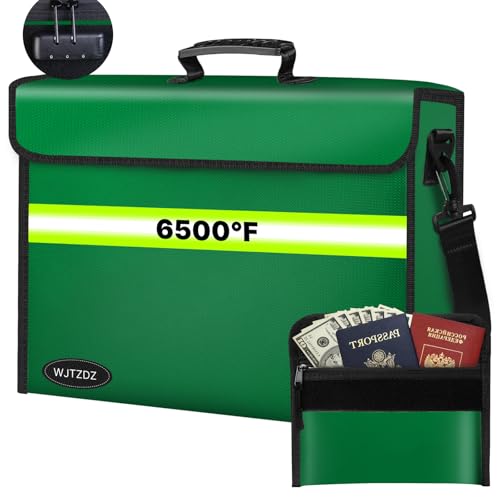 6500°F Fireproof Document Bag with Lock-Fireproof Box with 10 Layers Insulation Materials&Waterproof Zipper,Removable Wallet,Reflective Strip for Cash,Documents,Jewelry(14.2”x 9.6”x 4.1”) - color: Green, size: Medium