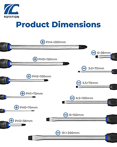 ROTATION 12pc Magnetic Screwdriver Set, with Go-Thru Steel Blades - style: Black Tip_Matt Blade