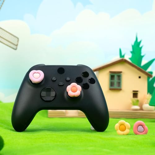 GeekShare Soft Silicone Thumb Grips, 2-Pair Thumbstick Cover Caps Compatible with Xbox One Controller - 2 Pair / 4 Pcs - Heart & Flower