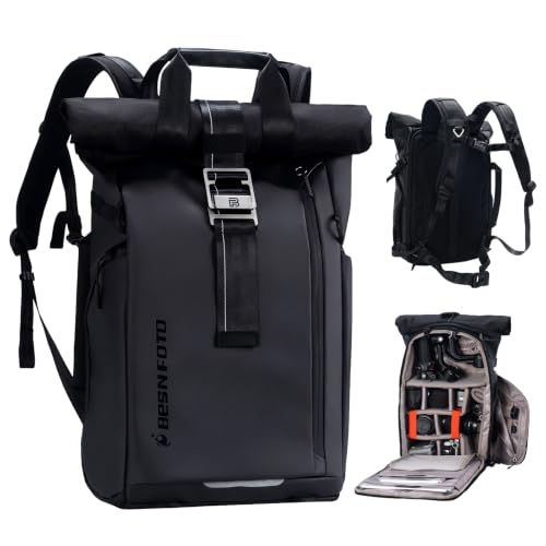Besnfoto Waterproof Camera Backpack Rolltop Laptop Bag for DSLR Mirrorless - color: Black Ii