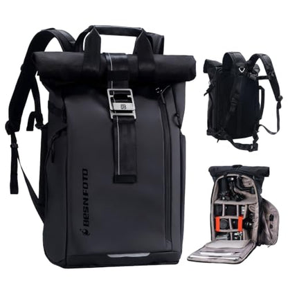 Besnfoto Waterproof Camera Backpack Rolltop Laptop Bag for DSLR Mirrorless - color: Black Ii