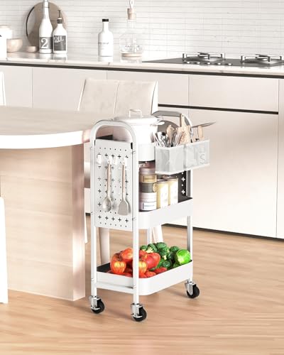 ALVOROG 3 Tier Metal Rolling Utility Cart with Pegboards,Baskets,Hook,White - color: White