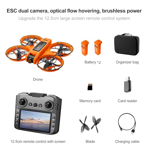 RC Drone With Screen On Controller (4.92in), UHD Dual Camera, Brushless Motor, Optical Flow Hovering, 360° Propeller Guard, 6-Axis Gyro, Headless Mode, One-Key Takeoff/Landing, 3-Speed Adjustable, 50X Zoom, Gesture Control, Trajectory Flight, Night LED, 2