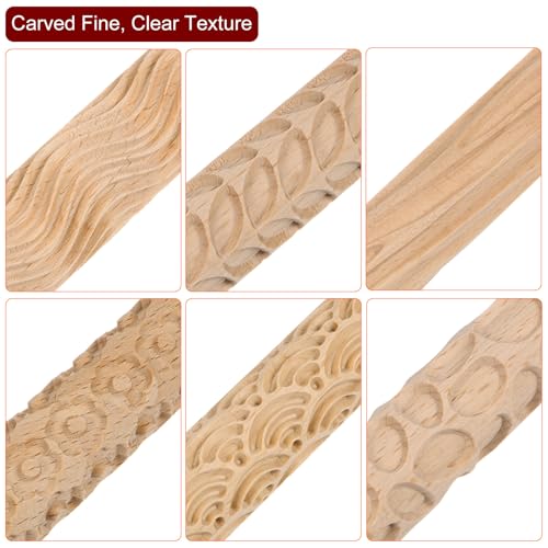 HARFINGTON 6pcs Wood Clay Roller Pattern Modeling 5.9 Inch Beech Wood Hand Rollers Wooden Pottery Tools Wood Grain Texture Rollers for Clay Baking Playdough DIY
