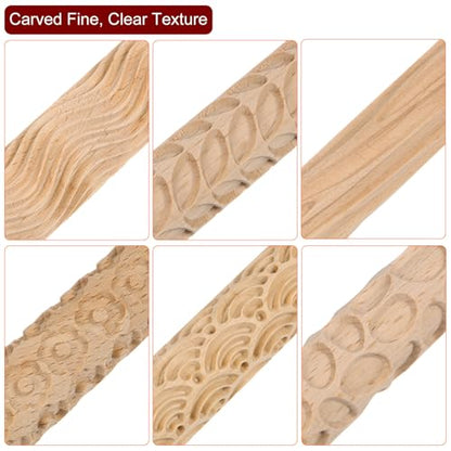 HARFINGTON 6pcs Wood Clay Roller Pattern Modeling 5.9 Inch Beech Wood Hand Rollers Wooden Pottery Tools Wood Grain Texture Rollers for Clay Baking Playdough DIY