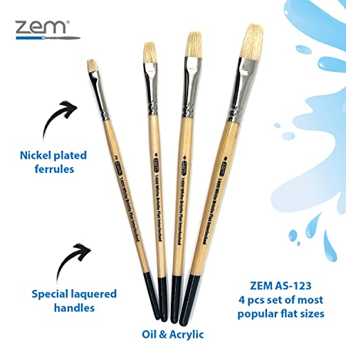 ZEM Brush Interlocked White Hog Bristle Artist Brush Set Flats 2,4,6,8