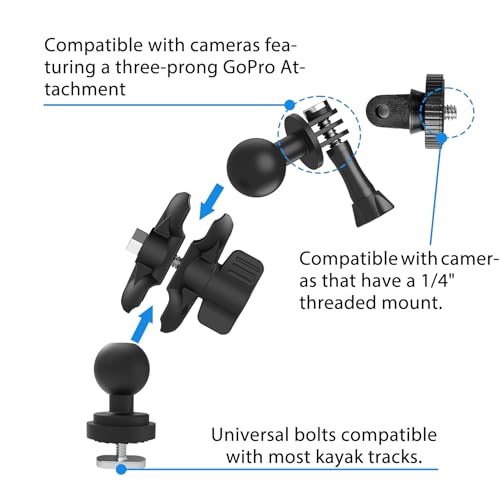 Universal Kayak Action Camera Mount 360 Degree Adjustable Kayak Rail Track Camera Holder Compatible with GoPro Three-Prong Mounts - style: camera mount