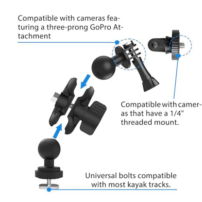 Universal Kayak Action Camera Mount 360 Degree Adjustable Kayak Rail Track Camera Holder Compatible with GoPro Three-Prong Mounts - style: camera mount