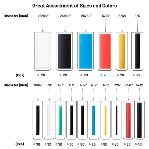 Bates- Heat Shrink Tubing Kit, 11 Sizes, 2:1 Ratio, 580 pcs, Heat Shrink Wrap, Wire Shrink Wrap Tubing, Wire Shrink Tubing, Wire Heat Shrink, Electrical Shrink Wrap Tubing, Shrink Tubing for Wires
