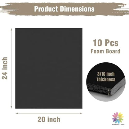 Mat Board Center Pack of 10 Acid-Free Foam Board Black 20x24 in 3/16" Thick - color: Black, size: 20x24