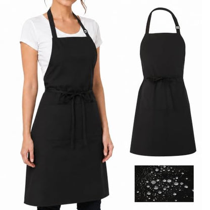 Adjustable Bib Apron Waterdrop Resistant with 2 Pockets Cooking Kitchen Aprons for Women Men Chef - color: Pure Black