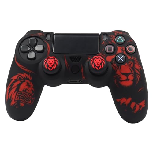 Lion Design Controller Skin Cover with 2 Thumb Grips Compatible with PS4/Playstation 4 Slim/Pro Controller - color: Lion Black Red
