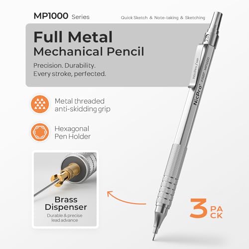 Nicpro 3 Pack 2.0 mm Mechanical Pencil Set with Case for Architects - color: Silver